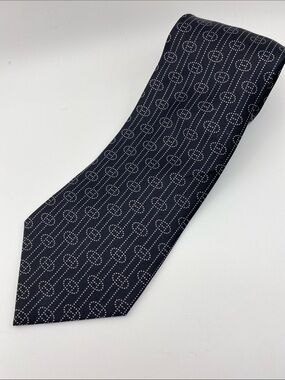 Hermes Navy Silk Tie with White Dotted Chain Motif